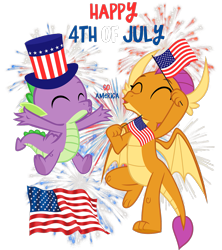 Size: 1163x1309 | Tagged: safe, artist:php170, smolder, spike, dragon, g4, 4th of july, american flag, american independence day, cheering, cute, dragoness, duo, eyes closed, female, fireworks, hat, holiday, independence day, male, simple background, smolderbetes, spikabetes, top hat, transparent background, uncle sam, united states, vector, winged spike, wings, woohoo
