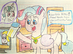 Size: 1612x1185 | Tagged: safe, artist:bitter sweetness, alphabittle blossomforth, dazzle feather, queen haven, pegasus, pony, unicorn, g5, abdl, blue eyes, diaper, diaper fetish, door, fetish, graph paper, hooves, kitchen, news, non-baby in diaper, open mouth, pink eyes, revenge, simple background, speech bubble, surprised, television, traditional art, wall, white background, wooden floor