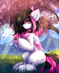 Size: 1800x2250 | Tagged: safe, artist:mysha, artist:shinoshai, oc, oc only, oc:lunylin, pegasus, pony, cherry blossoms, chest fluff, collar, colored belly, colored eartips, colored hooves, colored sclera, colored wings, colored wingtips, ear fluff, facial markings, female, flower, flower blossom, fluffy, folded wings, grass, green tea, hairclip, heterochromia, high res, hoof hold, looking at you, mare, mountain, mountain range, pegasus oc, reverse countershading, sitting, smiling, smiling at you, solo, tail, tree, two toned mane, two toned tail, two toned wings, wings, yellow sclera