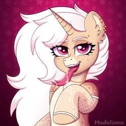 Size: 4000x4000 | Tagged: safe, artist:madelinne, oc, oc only, lamia, original species, bust, ear piercing, fangs, forked tongue, jewelry, looking at you, piercing, portrait, solo, tongue out