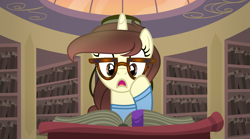 Size: 1642x914 | Tagged: safe, artist:darbypop1, oc, oc only, oc:darby, alicorn, pony, atg 2023, book, bookshelf, female, glasses, library, mare, newbie artist training grounds, scroll, solo