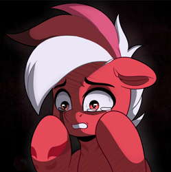 Size: 2412x2426 | Tagged: safe, artist:joaothejohn, oc, oc only, oc:flamebrush, pegasus, pony, anxiety, crying, despair, floppy ears, high res, looking down, pegasus oc, sad, simple background