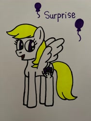 Size: 4032x3024 | Tagged: safe, artist:skylarkdrawing68, surprise, pegasus, pony, g1, g4, adoraprise, balloon, cute, female, g1 to g4, generation leap, mare, open mouth, open smile, simple background, smiling, solo, traditional art, white background