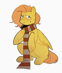 Size: 1138x1330 | Tagged: safe, artist:bertymchale, fluttershy, pegasus, pony, g4, clothes, scarf, short mane, simple background, solo, striped scarf, sweat, sweatdrop, white background