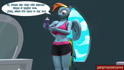 Size: 1920x1080 | Tagged: safe, artist:zapattackinflation, rainbow dash, pegasus, anthro, series:rainbow dash and the grimace shake catastrophe, g4, 3d, belly button, breasts, busty rainbow dash, cleavage, clothes, confused, drink, female, grimace shake, mcdonald's, meme, midriff, milkshake, rainbow dash's bedroom, rainbow dash's house, shorts, solo, source filmmaker, speech bubble, sports bra, sports shorts, text, watermark