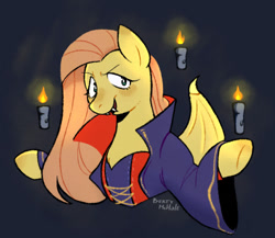 Size: 611x530 | Tagged: safe, artist:bertymchale, fluttershy, pegasus, pony, g4, blue background, candle, fangs, simple background, solo, vampire costume