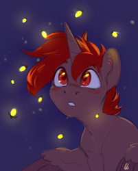 Size: 1560x1940 | Tagged: safe, artist:jewellier, oc, oc only, oc:hardy, alicorn, firefly (insect), insect, pony, admiration, admiring, blushing, male, night, requested art, solo, stallion, watching, wing fluff, wings, wings down