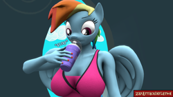 Size: 1920x1080 | Tagged: safe, artist:zapattackinflation, rainbow dash, pegasus, anthro, series:rainbow dash and the grimace shake catastrophe, g4, 3d, breasts, busty rainbow dash, cleavage, clothes, drink, female, grimace shake, images that precede unfortunate events, mcdonald's, meme, milkshake, moments before disaster, onomatopoeia, rainbow dash's bedroom, rainbow dash's house, slurping, solo, source filmmaker, sports bra, text, watermark