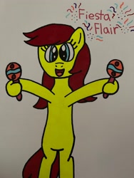 Size: 4032x3024 | Tagged: safe, artist:skylarkdrawing68, fiesta flair, earth pony, pony, g3, g4, bipedal, confetti, cute, dexterous hooves, female, fiestabetes, g3 to g4, generation leap, maracas, mare, mexican, musical instrument, open mouth, open smile, simple background, smiling, solo, streamer, traditional art, white background