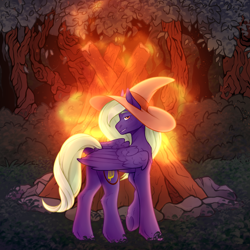 Size: 2000x2000 | Tagged: safe, artist:dereketto, oc, oc only, oc:timid poker, pegasus, pony, bonfire, clothes, female, fire, forest, hat, high res, looking at you, looking back, looking back at you, nature, pegasus oc, rock, smiling, smirk, solo, wings, witch hat