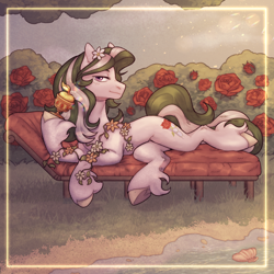 Size: 2000x2000 | Tagged: safe, artist:dereketto, oc, oc only, oc:rose quartz, earth pony, pony, coast, cute, earth pony oc, female, flower, flower in hair, frame, goblet, golden apple, grass, high res, holding, looking at you, looking sideways, lounging, lying down, on side, rose, seashell, unshorn fetlocks, vine
