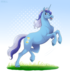 Size: 3000x3180 | Tagged: safe, artist:jenery, minuette, pony, unicorn, g4, feathering, female, fetlock tuft, grass, high res, hoers, hooves, leaping, looking at you, mare, simple background, smiling, smiling at you, solo, unshorn fetlocks