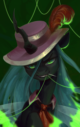 Size: 1227x1956 | Tagged: safe, artist:jewellier, queen chrysalis, changeling, changeling queen, pony, collaboration:meet the best showpony, g4, bust, clothes, collaboration, cute little fangs, fangs, feather, fedora, female, fire, green fire, hat, implied coco pommel, looking at you, mare, menacing, mouth hold, necktie, needle, portrait, simple background, solo, thread