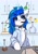 Size: 1448x2048 | Tagged: safe, artist:falafeljake, oc, oc only, oc:mind, pony, unicorn, bipedal, clothes, coat, commission, eye clipping through hair, eyebrows, eyebrows visible through hair, eyeshadow, female, glowing, glowing horn, horn, indoors, lab coat, laboratory, levitation, magic, magic aura, makeup, mare, one ear down, science, signature, solo, telekinesis, unicorn oc