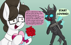 Size: 2508x1596 | Tagged: safe, alternate version, artist:moonatik, raven, changeling, pony, unicorn, g4, abstract background, angry, bouquet of flowers, box of chocolates, changeling domination, confused, dialogue, duo, female, flower, glasses, gradient background, hair bun, heart, male, mare, meme, mp40, ponified meme, rose, speech bubble, wings