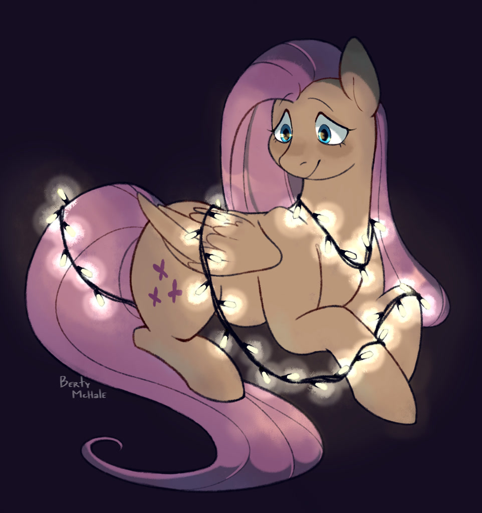 [christmas,christmas lights,fluttershy,holiday,pegasus,pony,safe,simple background,wings,lying down,dark background,folded wings,artist:bertymchale]