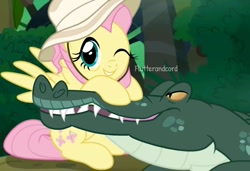 Size: 1080x738 | Tagged: safe, artist:flutterandcord, fluttershy, alligator, crocodile, pegasus, pony, g4, duo, female, hat, looking at you, mare, older, older fluttershy, one eye closed, selfie, sitting, wink, winking at you