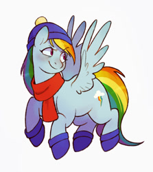 Size: 938x1050 | Tagged: safe, artist:bertymchale, rainbow dash, pegasus, pony, g4, clothes, hat, scarf, simple background, socks, solo, spread wings, white background, wings