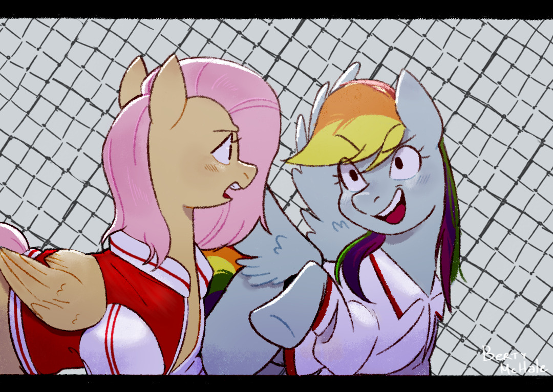 [duo,fence,fluttershy,jacket,pegasus,pony,rainbow dash,safe,wings,looking at each other,varsity jacket,spread wings,folded wings,looking at someone,artist:bertymchale]