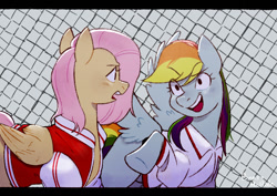 Size: 1080x766 | Tagged: safe, artist:bertymchale, fluttershy, rainbow dash, pegasus, pony, g4, duo, fence, folded wings, jacket, looking at each other, looking at someone, spread wings, varsity jacket, wings