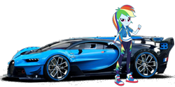 Size: 1520x760 | Tagged: safe, artist:twilirity, rainbow dash, human, equestria girls 10th anniversary, equestria girls, g4, my little pony equestria girls: better together, bugatti, bugatti vision gran turismo, car, clothes, converse, female, geode of super speed, hoodie, jacket, magical geodes, pants, pose, shoes, simple background, solo, sports car, transparent background