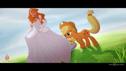 Size: 3840x2160 | Tagged: safe, artist:fairloke, applejack, human, pony, g4, applejack's hat, biting, cinderella, clothes, cowboy hat, crossover, cute, disney, disney princess, dress, gown, grass, grass field, hairband, hat, high res, jackabetes, letterboxing, loose hair, playing, pulling, skirt, skirt pull, tug of war