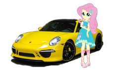 Size: 1520x855 | Tagged: safe, artist:twilirity, fluttershy, human, equestria girls 10th anniversary, equestria girls, g4, my little pony equestria girls: better together, car, clothes, dress, female, fluttershy boho dress, geode of fauna, magical geodes, porsche, porsche 911, pose, sandals, shoes, simple background, solo, sports car, transparent background