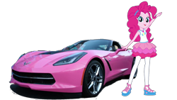 Size: 1520x855 | Tagged: safe, artist:twilirity, pinkie pie, human, equestria girls 10th anniversary, equestria girls, g4, my little pony equestria girls: better together, car, chevrolet, chevrolet corvette, clothes, corvette, female, geode of sugar bombs, magical geodes, pose, simple background, solo, sports car, transparent background