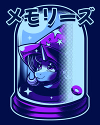 Size: 2400x3000 | Tagged: safe, artist:poxy_boxy, trixie, pony, unicorn, g4, blue background, disembodied head, female, head in a jar, high res, japanese, katakana, limited palette, mare, simple background, smiling, solo, translated in the comments
