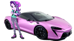 Size: 1520x855 | Tagged: safe, artist:rodan00, starlight glimmer, human, equestria girls 10th anniversary, equestria girls, equestria girls specials, g4, mirror magic, beanie hat, car, clothes, crossed arms, jacket, lavender, mclaren, mclaren artura, pants, ripped pants, shoes, simple background, solo, sports car, torn clothes, transparent background, watch, wristwatch