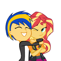 Size: 1280x1284 | Tagged: safe, artist:mlpfan3991, sunset shimmer, oc, oc:flare spark, human, equestria girls, g4, arms around neck, canon x oc, clothes, crossed arms, duo, eyes closed, female, hug, jacket, lesbian, one eye closed, ship:flareset, shipping, simple background, smiling, transparent background, wink