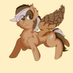 Size: 2048x2048 | Tagged: safe, artist:zugatti69, oc, oc only, pegasus, pony, chest fluff, colored wings, concave belly, cute, ear fluff, eye clipping through hair, fluffy, high res, looking at you, redraw, shading, simple background, smiling, smiling at you, solo, tail, two toned mane, two toned tail, two toned wings, wings, yellow background
