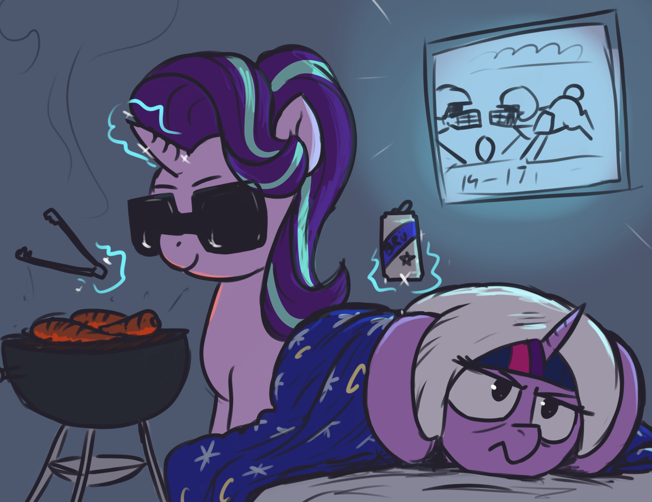[4th of july,alcohol,alicorn,american football,annoyed,bed,beer,blanket,carrot,female,food,frown,grill,holiday,magic,mare,pillow,pony,safe,sports,sunglasses,telekinesis,television,tongs,twilight sparkle,unamused,unicorn,indoors,starlight glimmer,inconvenient starlight,smiling,artist:t72b,twilight sparkle is not amused]