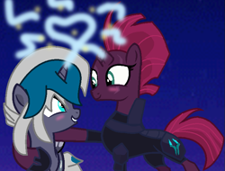 Size: 717x544 | Tagged: safe, artist:jadeharmony, artist:lilith1light, tempest shadow, oc, oc:elizabat stormfeather, alicorn, bat pony, bat pony alicorn, pony, unicorn, g4, 4th of july, alicorn oc, armor, base used, bat pony oc, bat wings, blue background, blushing, canon x oc, concave belly, cute, duo, female, fireworks, grin, heart, height difference, holiday, hoof shoes, horn, hug, lesbian, looking at each other, looking at someone, mare, shipping, simple background, slender, smiling, stormshadow, thin, wings