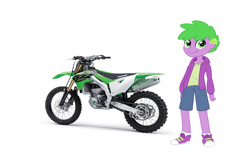 Size: 1400x900 | Tagged: safe, artist:thecheeseburger, spike, human, equestria girls 10th anniversary, equestria girls, g4, my little pony equestria girls: better together, clothes, converse, green, hoodie, human spike, humanized, kawasaki, motorcross, motorcycle, shoes, shorts, simple background, solo, white background