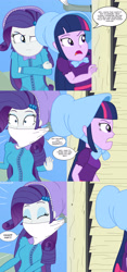 Size: 1920x4115 | Tagged: safe, artist:robukun, rarity, twilight sparkle, human, equestria girls, g4, 19th century, bonnet, cloth gag, comic, gag, hand, kidnapped, muffled words, speech bubble, startled, surprised, western, wtf, wtf face