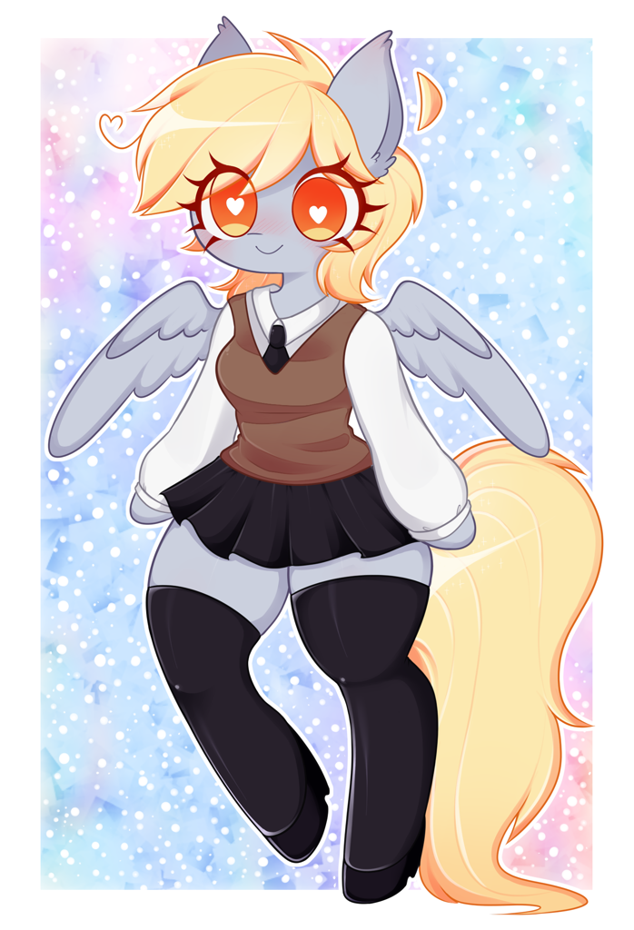 [advertisement,anthro,breasts,clothes,commission,cute,derp,derpy hooves,pegasus,safe,skirt,solo,stockings,sweater vest,thigh highs,wingding eyes,zettai ryouiki,commission info,derpabetes,arm hooves,unguligrade anthro,white pupils,passepartout,artist:arwencuack]