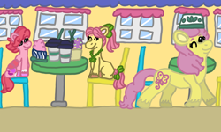 Size: 1250x750 | Tagged: safe, artist:mintwhistle, posey bloom, sky skimmer, windy, earth pony, pegasus, pony, g2, g5, atg 2023, bow, cafe, chair, coat markings, coffee, coffee cup, coffee shop, colored hooves, cup, drinking straw, eyes closed, female, folded wings, food, friendship, frozen yogurt, g2 to g5, generation leap, hair bow, happy, hat, ice cream, jewelry, mare, medibang paint, necklace, newbie artist training grounds, one eye closed, posey catches a break, sitting, smiling, socks (coat markings), table, tail, tail bow, trio, trio female, unshorn fetlocks, walking, window, wings, wink