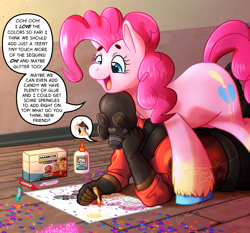 Size: 4500x4185 | Tagged: safe, artist:lycantrin, pinkie pie, earth pony, human, humanoid, pony, g4, absurd resolution, coat markings, colored hooves, crayon, crayon drawing, crossover, cute, drawing, duo, female, glitter, glue, heart, heart eyes, indoors, male, mare, meme, off model, pictogram, pinkie pyro, pyro (tf2), saxton hale, sequins, socks (coat markings), sparkles, speech bubble, standing over, team fortress 2, unshorn fetlocks, wholesome, wingding eyes