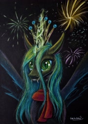 Size: 2457x3441 | Tagged: safe, artist:cahandariella, queen chrysalis, changeling, changeling queen, g4, bust, clothes, colored pencil drawing, crown, cute, fangs, fireworks, happy, high res, jewelry, looking at something, magic, newbie artist training grounds, regalia, scarf, smiling, solo, traditional art