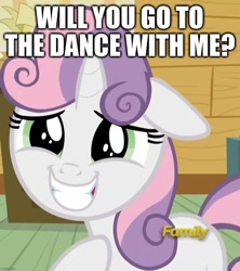 Size: 910x1024 | Tagged: safe, edit, edited screencap, screencap, sweetie belle, pony, unicorn, bloom & gloom, g4, caption, clubhouse, cropped, crusaders clubhouse, cute, female, filly, floppy ears, foal, image macro, looking at you, smiling, smiling at you, solo, talking to viewer, text