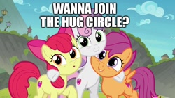 Size: 1280x720 | Tagged: safe, edit, edited screencap, screencap, apple bloom, scootaloo, sweetie belle, earth pony, pegasus, pony, unicorn, g4, surf and/or turf, adorabloom, bipedal, caption, cute, cutealoo, cutie mark crusaders, cutie mark cuties, diasweetes, female, filly, foal, hug, image macro, looking at you, open mouth, smiling, talking to viewer, text, trio, trio female
