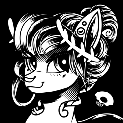 Size: 2100x2100 | Tagged: safe, artist:poxy_boxy, oc, oc only, oc:void, pegasus, pony, black and white, black background, bust, ear piercing, earring, female, grayscale, high res, jewelry, laurel wreath, mare, monochrome, nose piercing, nose ring, piercing, signature, simple background, smiling, solo