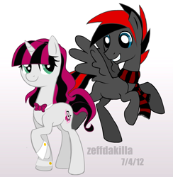 Size: 2245x2296 | Tagged: safe, artist:zeffdakilla, oc, oc only, oc:crimson ink, oc:raspberry serenade, pegasus, pony, unicorn, bowtie, clothes, duo, flying, gradient background, high res, looking at each other, looking at someone, raised hoof, scarf, smiling, spread wings, standing, striped scarf, wings
