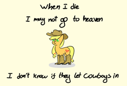 Size: 2000x1350 | Tagged: safe, artist:manicpanda, applejack, earth pony, pony, g4, applejack's hat, boots, cowboy boots, cowboy hat, female, hat, mare, shoes, simple background, solo, song reference, tanya tucker, texas (when i die), text, yellow background