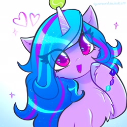Size: 2048x2048 | Tagged: safe, artist:qwennondeathdie, izzy moonbow, pony, unicorn, g5, ball, bracelet, chest fluff, cute, eye clipping through hair, female, friendship bracelet, heart, high res, horn, hornball, izzy's tennis ball, izzybetes, jewelry, looking at you, mare, open mouth, open smile, signature, simple background, smiling, solo, sparkles, tennis ball, white background