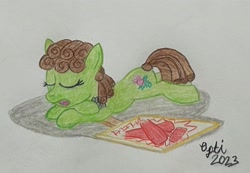 Size: 3118x2154 | Tagged: safe, artist:opti, oc, oc only, oc:broadside barb, earth pony, pony, atg 2023, high res, newbie artist training grounds, open mouth, sign, sleeping, snoring, traditional art