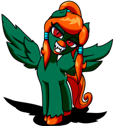 Size: 1417x1554 | Tagged: safe, artist:yamston, oc, oc only, oc:d(ltd), pegasus, pony, fanfic:living the dream, 2023, fanfic art, fangs, female, green coat, looking at you, mare, orange mane, ponytail, red eyes, shadow, simple background, slit pupils, smiling, smiling at you, solo, spread wings, transparent background, wings