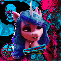 Size: 4300x4300 | Tagged: safe, artist:vice common, edit, edited screencap, screencap, izzy moonbow, pony, unicorn, g5, my little pony: a new generation, spoiler:my little pony: a new generation, collar, ear piercing, earring, eyeshadow, female, goth, goth izzy, jewelry, lovecraft, makeup, nose piercing, nyarlathotep, piercing, solo