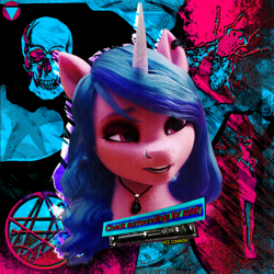 Size: 4300x4300 | Tagged: safe, artist:vice common, edit, edited screencap, screencap, izzy moonbow, pony, unicorn, g5, my little pony: a new generation, collar, ear piercing, earring, eyeshadow, female, goth, goth izzy, jewelry, lovecraft, makeup, nose piercing, nyarlathotep, piercing, solo